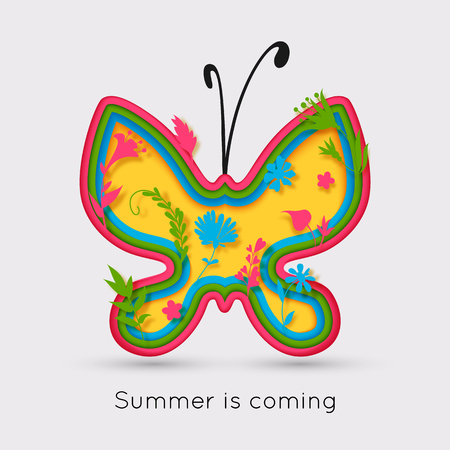 Summer background origami butterfly cut paper art style, flower.のイラスト素材