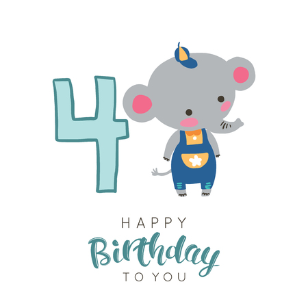 Vector illustration of greeting card with happy birthday to you words and small elephant dedicated to fourth birthday.のイラスト素材