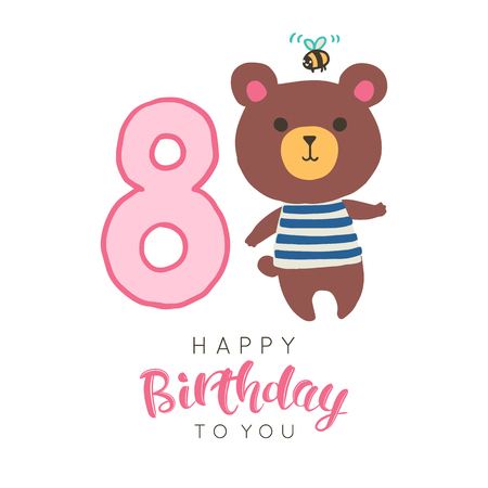 Vector illustration of greeting card with happy birthday to you words and small bear with bee dedicated to eight birthday.のイラスト素材