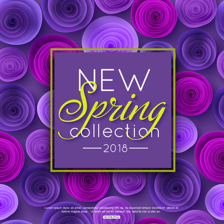 New Spring Collection background decorated ultra violet paper rose flowers. Vector illustrationのイラスト素材