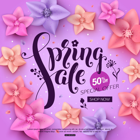 Spring sale banner with colorful flowers, handwritten inscription and falling petals on violet background. Vector illustrationのイラスト素材