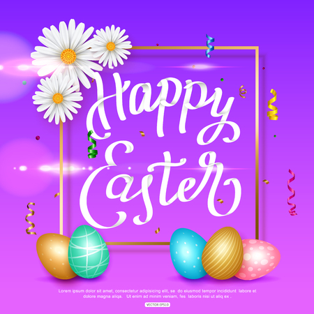 Happy Easter background with colorful eggs and chamomile.のイラスト素材