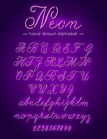Purple neon handwritten font. Alphabet letters and numbers. Vector type for shop signs and advertising designのイラスト素材