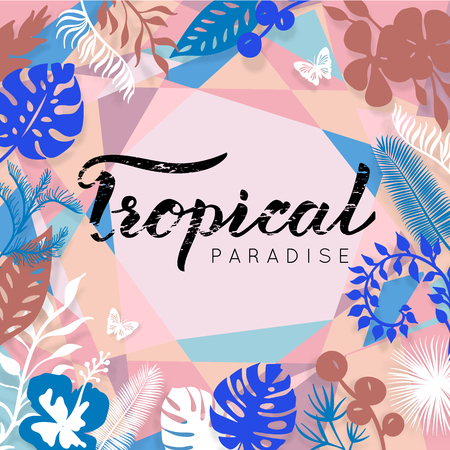 Tropical Paradise lettering. Vector tropical floral bacground with butterfly and palm leaves. Template for poster, banner, print for t-shirt.のイラスト素材