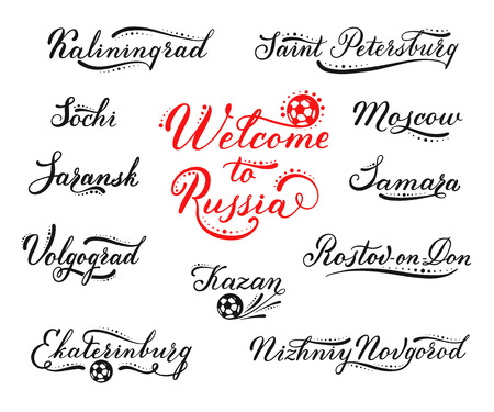 Welcome to Russia lettering design. Tourist cities for football fans Moscow, Sochi, Saint Petersburg, Kazan, Samara and other. Set of vector calligraphic logos for banners, printing on t-shirts.のイラスト素材