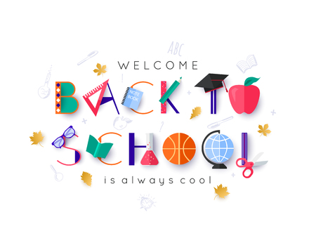 white welcome back to school banner with colorful letters decorated school suppliesのイラスト素材