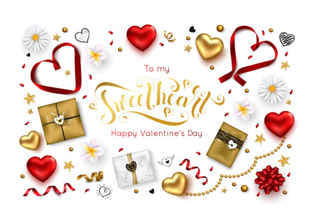 Valentines Day Composition with romantic calligraphic Inscription red hearts silk ribbons gift boxes and spring flowers for greeting card banner or posterのイラスト素材
