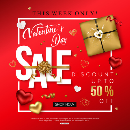 Valentines day sale banner decorated hearts, gift box, serpentine. Vector illustration.のイラスト素材