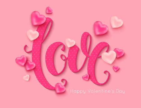 Valentines Day background. Love calligraphic inscription decorated pink balloons in the shape of heart for online shopping banner poster. Vector illustrationのイラスト素材