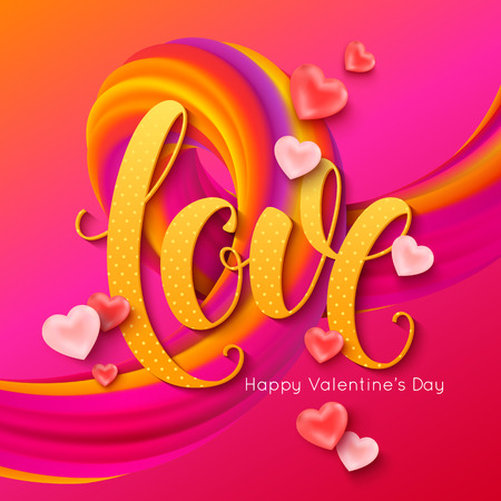 Valentines Day banner layout. Love calligraphic inscription with pink balloons shape of heart and 3d curl. Vector illustrationのイラスト素材
