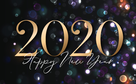2020 Happy New Year Background with gold numbers and colorful bokeh. Vector illustration