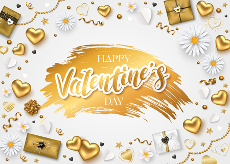 Valentines Day Composition with romantic calligraphic Inscription red hearts silk ribbons gift boxes and spring flowers for greeting card banner or posterのイラスト素材