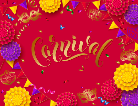 Colorful carnival background with lettering design and streamer, mask, paper flowersのイラスト素材