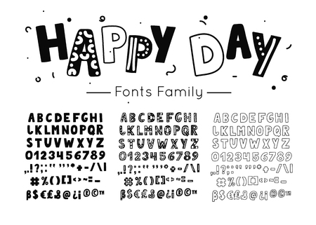 Scandinavian font. Vector kids hand drawn alphabet. Hygge style letters, numbers and symbols. Happy day type familyのイラスト素材