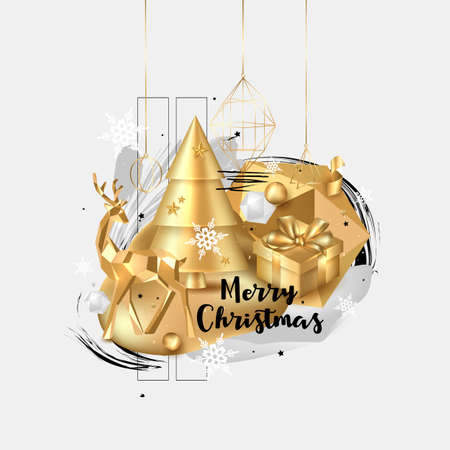 Merry Christmas and Happy New Year background. 2020 greeting card. Collage design with gold elements: deer, gift box, cristmas tree, ballsのイラスト素材