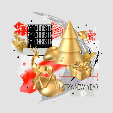 Merry Christmas and Happy New Year background. 2020 greeting card. Collage design with deer, gift box, cristmas tree, balls, snowflake.のイラスト素材