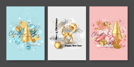 Set of Merry Christmas and Happy New Year greeting card template. Vector illustration.のイラスト素材