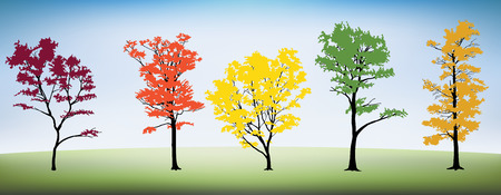 Five different trees with a grass hill and sky.のイラスト素材