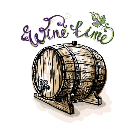 Watercolor grape leaves and wine barrel in graphic style hand-drawn vector illustrationのイラスト素材