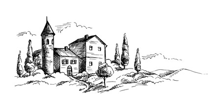 Mountains landscape in graphic style, hand-drawn vector illustration.のイラスト素材