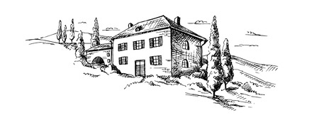 Mountains landscape and castle in graphic style, hand-drawn vector illustration.のイラスト素材