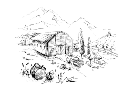 Rural landscape with lorry and farm with mountain scenery in background in graphic styleのイラスト素材