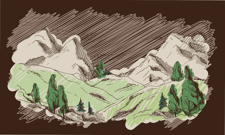 Watercolor rural landscape in graphic styleのイラスト素材