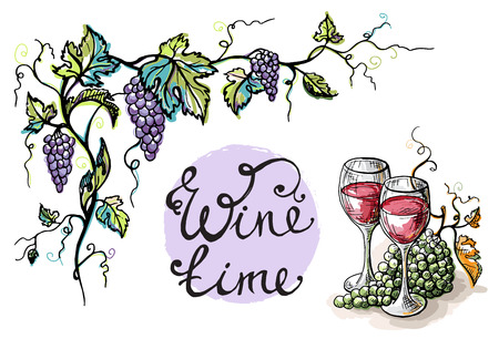 Watercolor decorative frame from grape and glasses in graphic style hand-drawn vector illustration.のイラスト素材