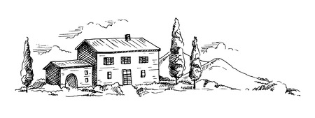 Mountains landscape and castle in graphic style, hand-drawn vector illustration.のイラスト素材