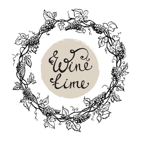 Wreath from grape and leaves in graphic style hand-drawn vector illustration.のイラスト素材