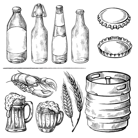 Collection of beer items beer tower hops mug and glass in graphic style vector illustrationのイラスト素材