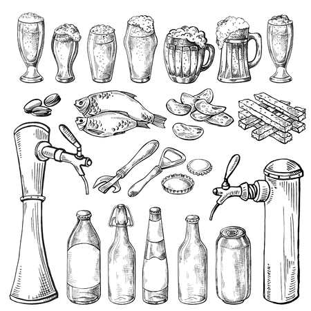 Collection of beer items beer mug glass and appetizer in graphic style vector illustrationのイラスト素材