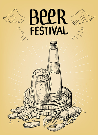 Beer set on a wooden tray and snack in graphic style vector illustrationのイラスト素材