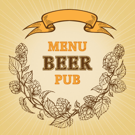 icon for a menu with branches of hops and ribbonのイラスト素材