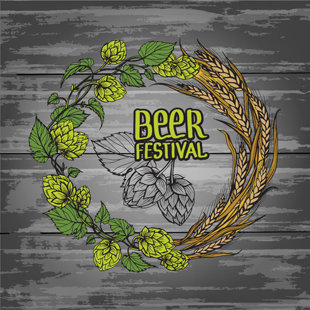 A wreath of ears of wheat and hops on old blackboardのイラスト素材