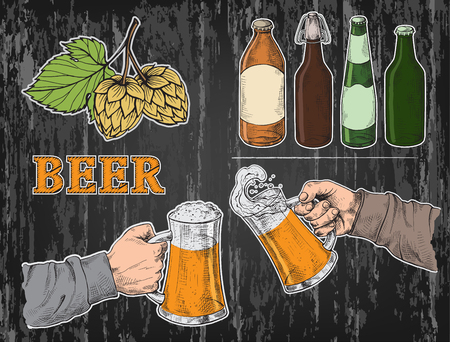 Watercolor hands holding with beer glasses mug, hops, bottle in graphic style vector illustrationのイラスト素材
