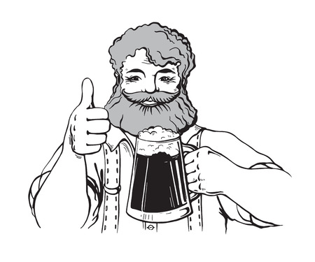 Happy brewer or craftsmans characters holding a mug full of beer in graphic style vector illustrationのイラスト素材