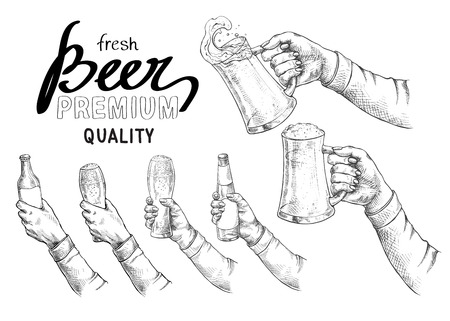 Hands holding and clinking with beer glasses mug in graphic style vector illustrationのイラスト素材