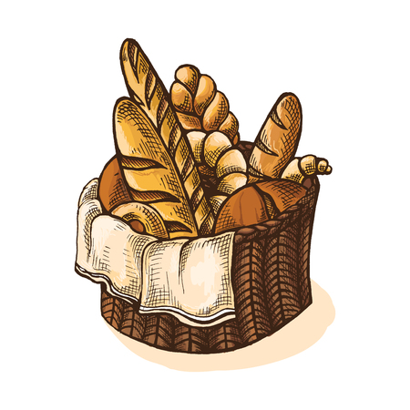 Watercolor Fresh Bread Basket in graphic styleのイラスト素材