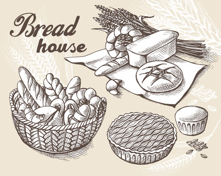 Set of fresh bread in Basket and ear in graphic styleのイラスト素材