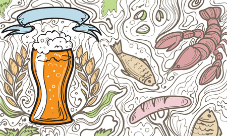 Glass of beer on the doodle background. Can be used for posters, postcards, prints. EPS 10 vector background with irish proverb.のイラスト素材