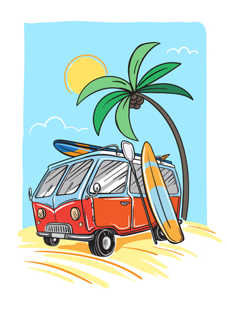 Surfer Van Illustration on beach havaii palmのイラスト素材