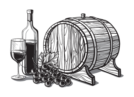 Vector sketch of grapes, wine glass, barrel on background for designのイラスト素材