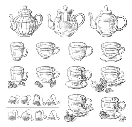 Collection of tea leaves and teapot hand drawn vector illustrationのイラスト素材