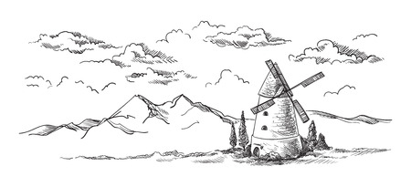Landscape with mill drawn vector llustrationのイラスト素材