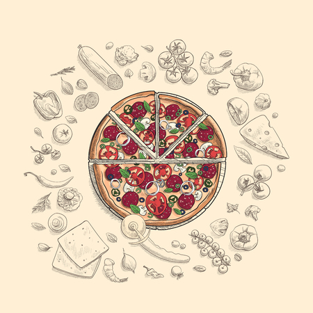 Set of pizza ingredients in doodle style.のイラスト素材