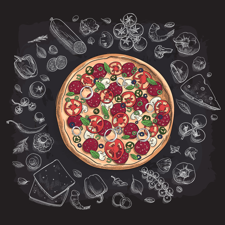 Set of pizza ingredients in doodle style.のイラスト素材