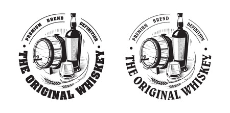 Sketch Whiskey Bottle and Glass and Barrel. Hand Drawn Drink Vector Illustrationのイラスト素材