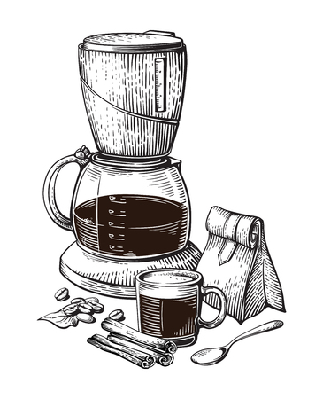 Coffee Hand Drawn Collection Vector Sketch Illustration Set With Cups Bag Beans Maker Latte Cinnamonのイラスト素材