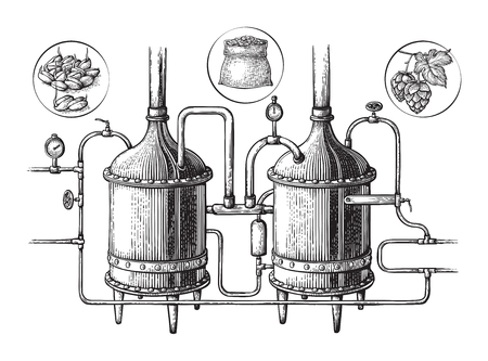 Vintage distillation apparatus sketch. Moonshine vector illustration distillation processのイラスト素材